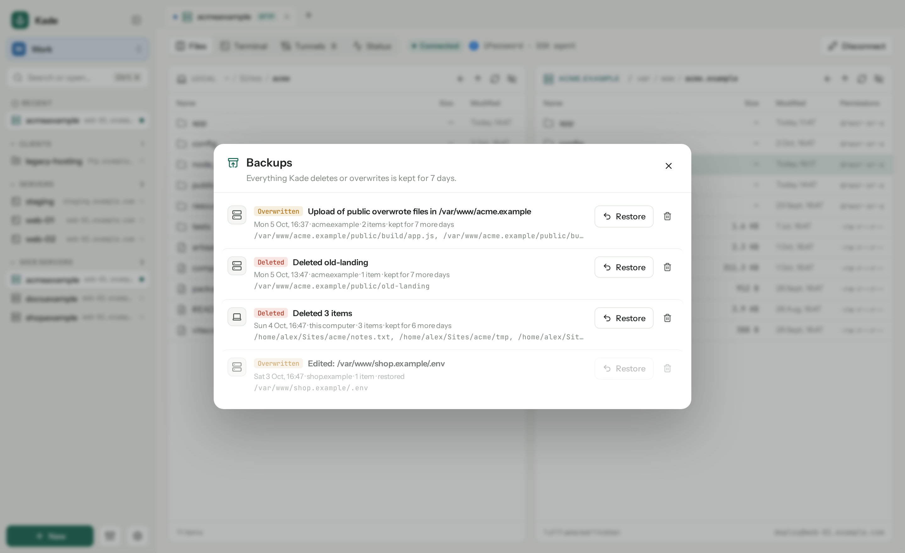 Backups of everything Kade deleted or overwrote, with Restore buttons