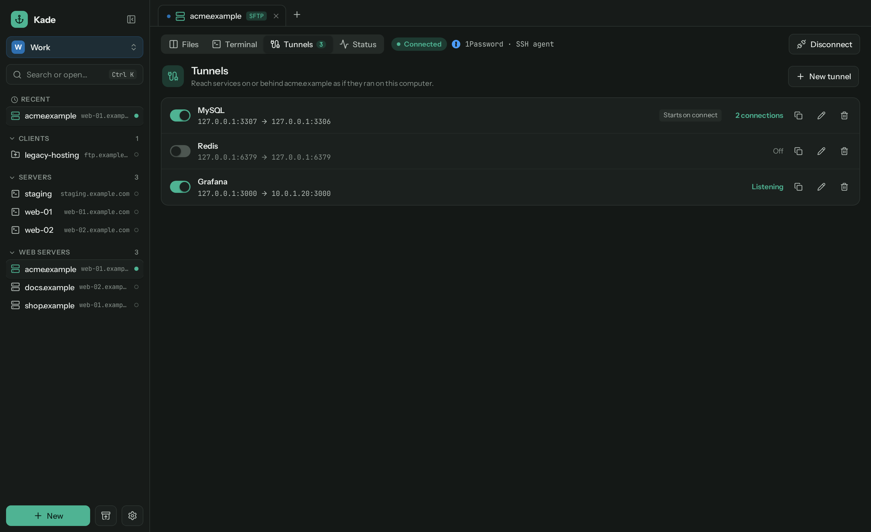 Tunnels to MySQL, Redis and Grafana, in dark mode